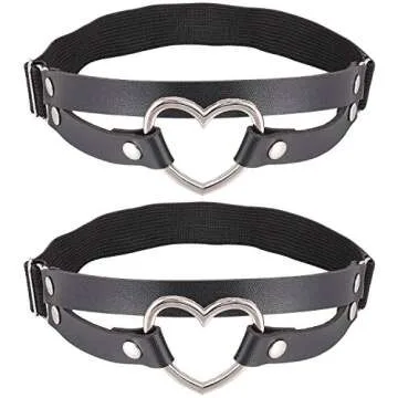 FM FM42 Red PU Simulated Leather Women's Gothic Double Straps Heart O Ring Leg Thigh Elastic Garter Belt, One Pair