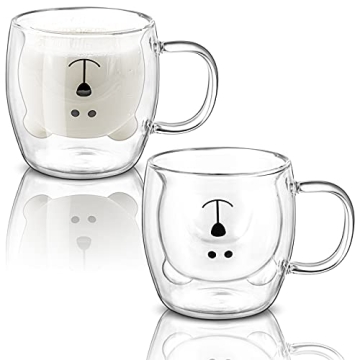 Yopay 2 Pack Glass Bear Coffee Mugs for All Beverages, 8.5 oz