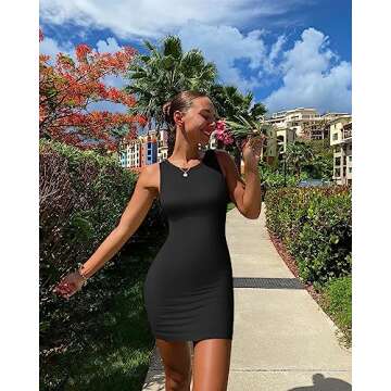 OQQ Women's 2 Piece Sexy Ribbed Sleeveless Halter Neck Tank Top Mini Dress, Black,white, Medium