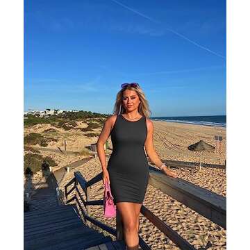 OQQ Women's 2 Piece Sexy Ribbed Sleeveless Halter Neck Tank Top Mini Dress, Black,white, Medium