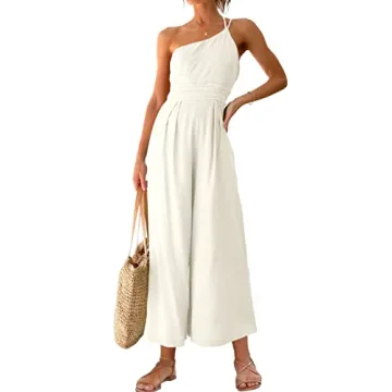 ANRABESS Women's Summer Straps One Shoulder High Waist Dressy Casual Wide Leg Linen Jumpsuit Romper ...