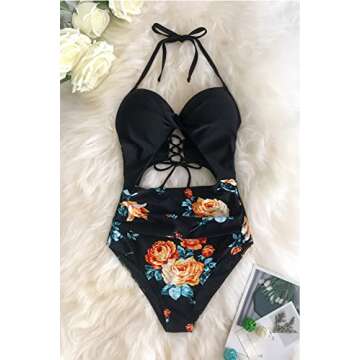 CUPSHE Women's Black Floral Print Halter Cutout High Waist One Piece Swimsuit, M