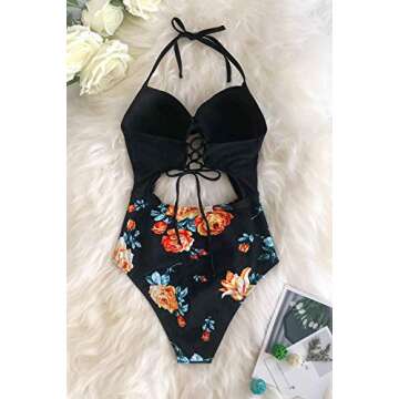 CUPSHE Women's Black Floral Print Halter Cutout High Waist One Piece Swimsuit, M