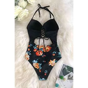 Floral Print Halter High Waist One Piece Swimsuit