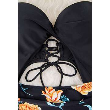 CUPSHE Women's Black Floral Print Halter Cutout High Waist One Piece Swimsuit, M