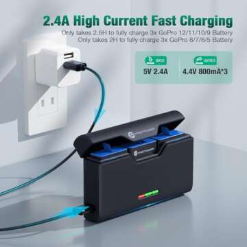 FirstPower 3-Channel USB Quick Charger for GoPro Hero 12/11/10/9/8/7/6/5 Battery with Type-C Cord and TF Card Storage, Fully Compatible with Original GoPro Battery