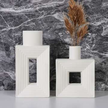 CEWOR White Ceramic Vase Set of 2, Square Boho Vase for Rustic Home Decor, Minimalist Nordic Style f...