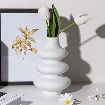 Poitemsic White Ceramic Wavy Lines Vase Art Modern Minimalism Flower Vase Pot for Home Living Room Decoration