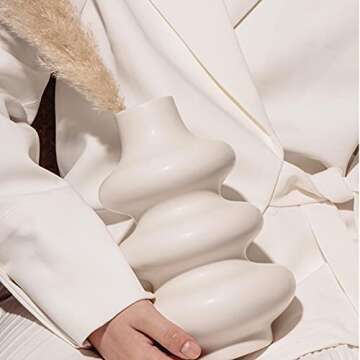 Poitemsic White Ceramic Wavy Lines Vase Art Modern Minimalism Flower Vase Pot for Home Living Room Decoration