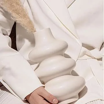 Poitemsic White Ceramic Wavy Lines Vase Art Modern Minimalism Flower Vase Pot for Home Living Room Decoration