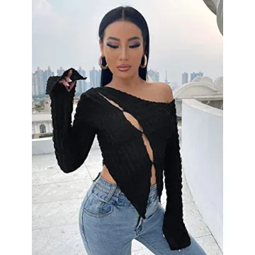 Chic WDIRARA Women's One Shoulder Long Sleeve Tee