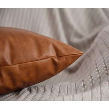 HOMFINER Faux Leather Lumbar Throw Pillow Cover 12x20 - Elegant Cognac Brown Cushion Case for Home D...