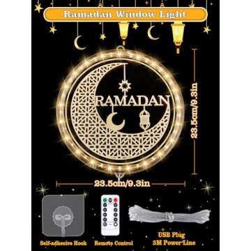 Eid Ramadan Lights Decorations for Home - 9.4in Window Eid Mubarak Moon Lights USB Operated, Remote Control Islam Islamic Muslim Hanging Decor with 9.8ft USB Cable for Indoor Outdoor Bedroom Holiday