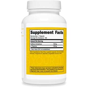 TransformHQ Caffeine & L-Theanine (100mg Each) 180 Caps - Gluten Free, Non-GMO