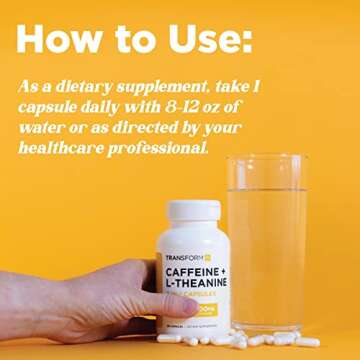 TransformHQ Caffeine & L-Theanine (100mg Each) 180 Caps - Gluten Free, Non-GMO
