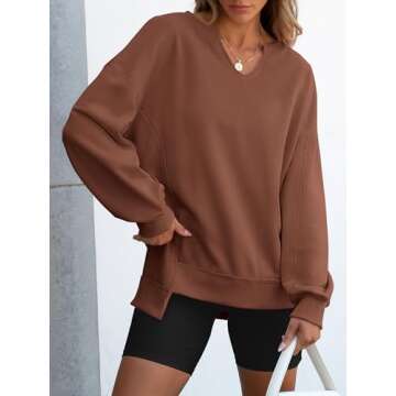 ANRABESS Womens Oversized Sweatshirt V Neck Long Sleeve Tunic Lightweight Pullover 2024 Winter Casual Tops Teen Girl Outfits Caramel Large