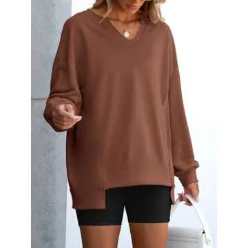 ANRABESS Womens Oversized Sweatshirt V Neck Long Sleeve Tunic Lightweight Pullover 2024 Winter Casual Tops Teen Girl Outfits Caramel Large