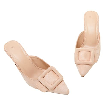 VETASTE Women's Heeled Mules Pointed Toe Suede Buckle Slip On Sandals Kitten Heels Party Wedding Shoes
