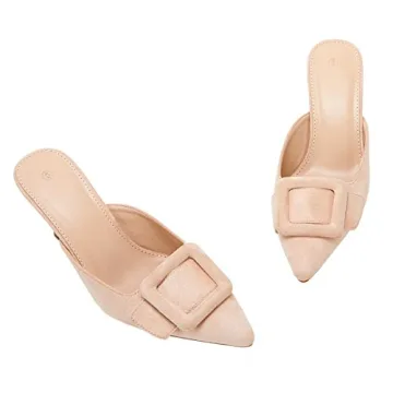 VETASTE Women's Heeled Mules Pointed Toe Suede Buckle Slip On Sandals Kitten Heels Party Wedding Shoes
