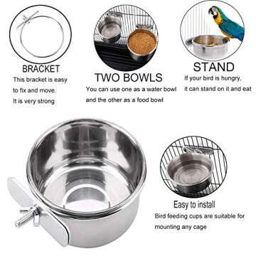 PINVNBY Parrot Feeding Cups Birds Food Dish Stainless Steel Parrot Feeders Water Cage Bowls with Clamp Holder for Cockatiel Conure Budgies Parakeet Parrot Macaw Small Animal Chinchilla Pack of 2
