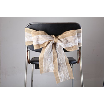 Burlap Chair Sashes with Lace Shabby Chic Rustic Wedding Bow Decor (Pack of 8)