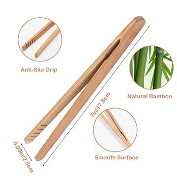 Bamboo Toast Tongs, 7 Inches Mini Wood Cooking Tong with Anti-slip Design Great for Serving Food/Toaster/Bread & Pickles/Sugar/Barbecue,Small Kitchen Tongs Multi-use for Salad, Grilling, Frying (8)