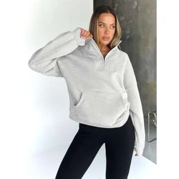 Trendy Queen Sweatshirts Quarter Half Zip Pullover Oversized Hoodies Sweaters Comfy Fall Outfits 2025 Y2K Winter Clothes Grey S