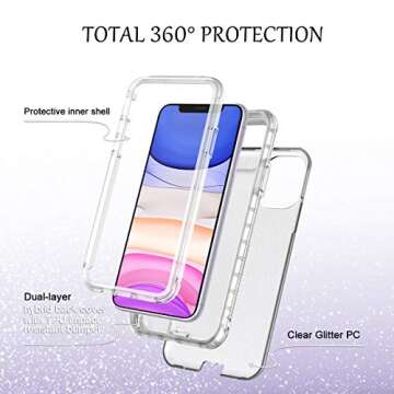 LONTECT for iPhone 11 Case Built-in Screen Protector Glitter Clear Sparkly Bling Rugged Shockproof H...
