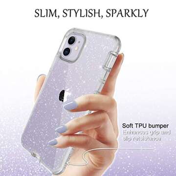 LONTECT for iPhone 11 Case Built-in Screen Protector Glitter Clear Sparkly Bling Rugged Shockproof Hybrid Full Body Protective Case Cover for Apple iPhone 11 6.1 2019, Clear/Silver Glitter