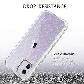 LONTECT for iPhone 11 Case Built-in Screen Protector Glitter Clear Sparkly Bling Rugged Shockproof Hybrid Full Body Protective Case Cover for Apple iPhone 11 6.1 2019, Clear/Silver Glitter