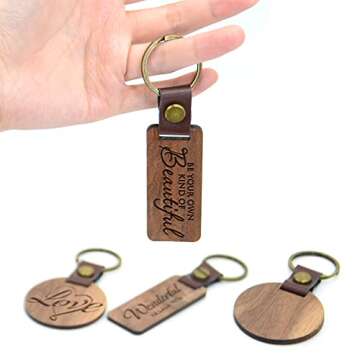 Wood Keychain Blanks - Wooden Keychain, Laser Engraved Keyring, Birthday Gift, Real Leather Keychain Strap, Best Gifts Ever, Customizable, Engravable, Name Initials