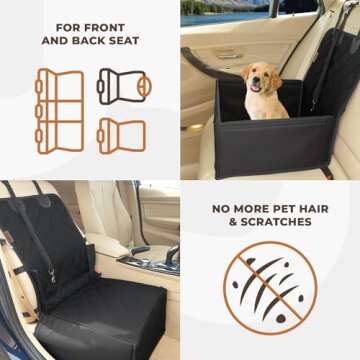 Extra Stable Dog Car Seat - Robust and Safe: Reinforced Walls, 3 Belt System for Small to Medium-Sized Dogs - Waterproof for Back or Front Seat (Black)