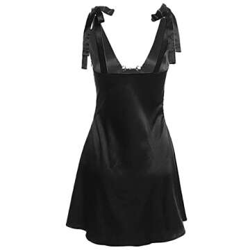 Ynocfri Women 's Sleeveless Spaghetti Strap Satin Dress Sexy Low-Cut Mini Dress Party Clubwear (A-Black, Small)