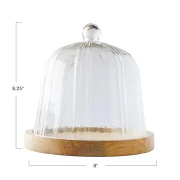Creative Co-Op, Clear Round Reclaimed Glass Cloche with Mango Wood Base, Medium