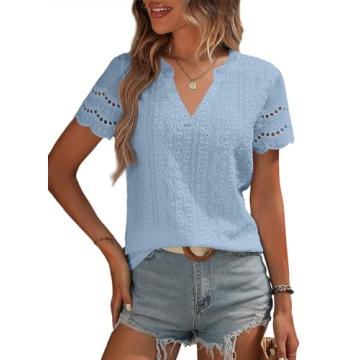 EVALESS Women's Boho Lace Top - Light Blue Summer Blouse 2025