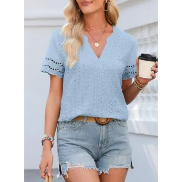 EVALESS Boho Lace Top Women Light Blue Summer Blouse