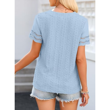 EVALESS Boho Lace Top Women Light Blue Summer Blouse