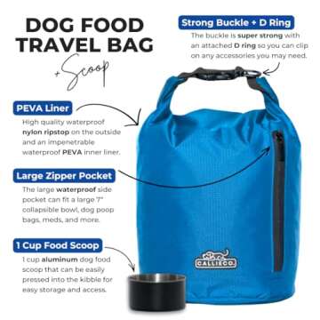 Callieco Dog Food Travel Bag w/ 1 Cup Scoop and Zipper Side Pocket | Waterproof Kibble Storage Conta...