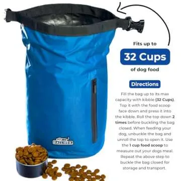 Callieco Dog Food Travel Bag w/ 1 Cup Scoop and Zipper Side Pocket | Waterproof Kibble Storage Container for Home, Road Trips, Camping, Boarding and More (Blue, 32 Cups)