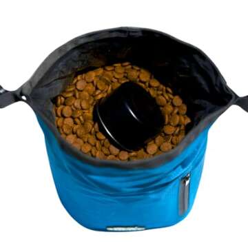 Callieco Dog Food Travel Bag w/ 1 Cup Scoop and Zipper Side Pocket | Waterproof Kibble Storage Container for Home, Road Trips, Camping, Boarding and More (Blue, 32 Cups)