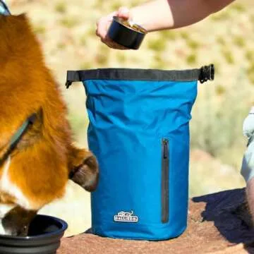 Callieco Dog Food Travel Bag w/ 1 Cup Scoop and Zipper Side Pocket | Waterproof Kibble Storage Container for Home, Road Trips, Camping, Boarding and More (Blue, 32 Cups)