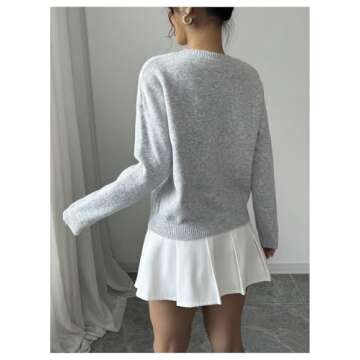 Verdusa Women's 3D Floral Pullover Sweaters Crew Neck Long Sleeve Knit Top Grey Medium