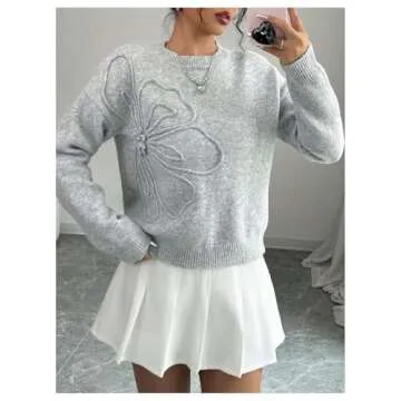 Verdusa Women's 3D Floral Pullover Sweaters Crew Neck Long Sleeve Knit Top Grey Medium