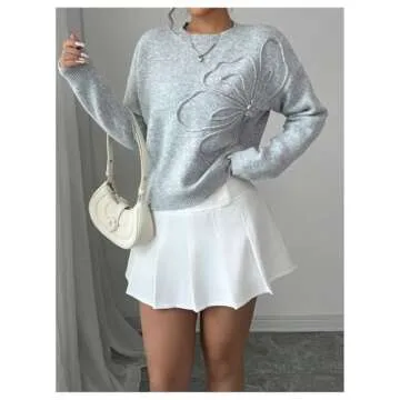 Verdusa Women's 3D Floral Pullover Sweaters Crew Neck Long Sleeve Knit Top Grey Medium