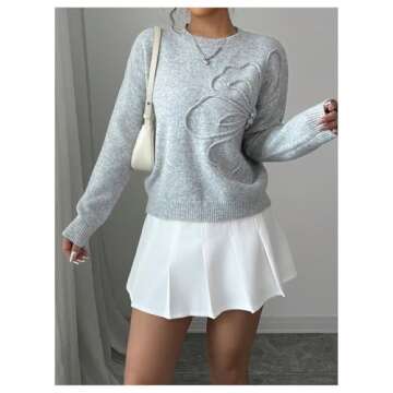 Verdusa Women's 3D Floral Pullover Sweaters Crew Neck Long Sleeve Knit Top Grey Medium