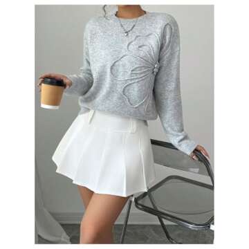 Verdusa Women's 3D Floral Pullover Sweaters Crew Neck Long Sleeve Knit Top Grey Medium