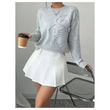 Verdusa Women's 3D Floral Pullover Sweaters Crew Neck Long Sleeve Knit Top Grey Medium