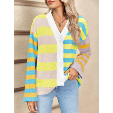 Chic Striped Cardigan Sweater for Women in Yellow
