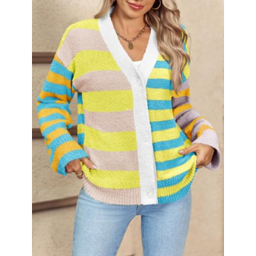 Chic Striped Cardigan Sweater for Women in Yellow