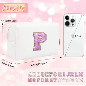 Personalized Initial Makeup Bag, Small Preppy Glitter Letter Cosmetic Pouch PU Waterproof Zipper Tra...